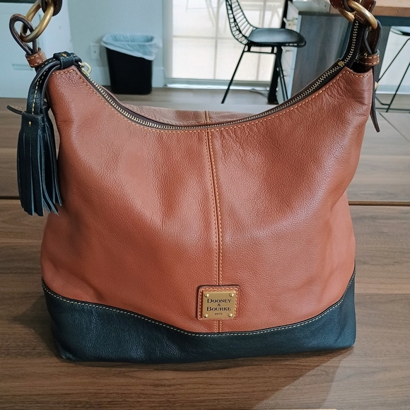 Dooney & Bourke Handbags - Dooney & Bourke Tan and Black Leather Hobo Bag